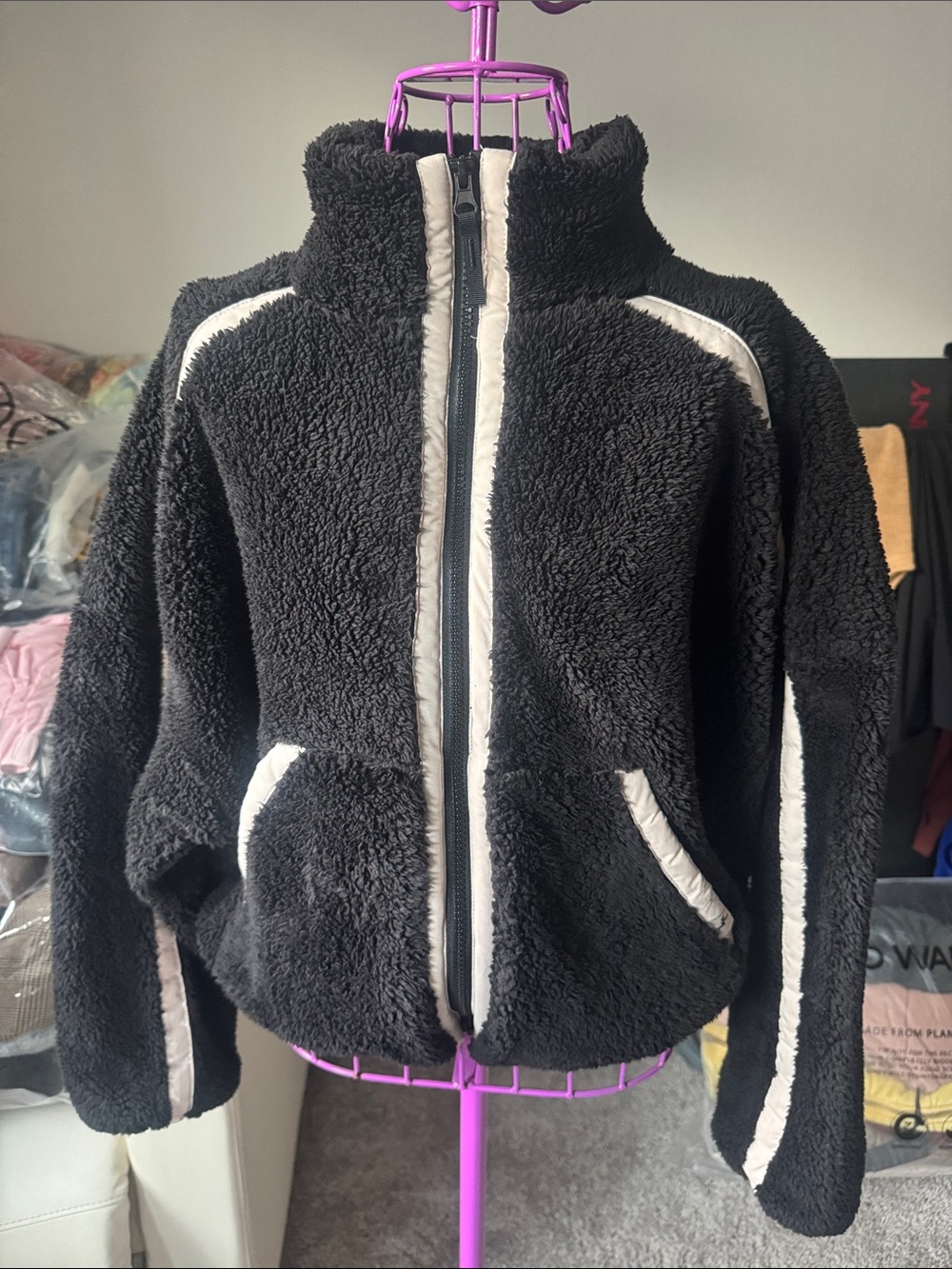 Joy Lab Black Sherpa Jacket with Cream Trim